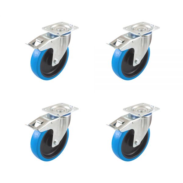 Set 4 Lenkrollen mit Bremse 200 mm Thermoplastisches Gummi Rollenlager - Blue Wheel