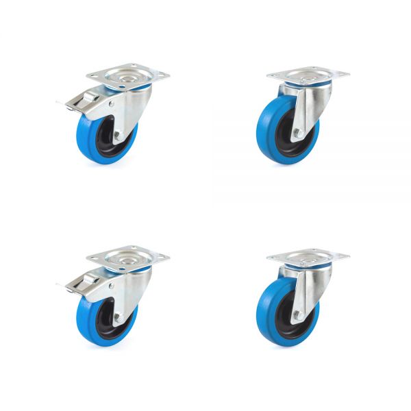 Set 2 Lenkrollen 2 Lenkrollen mit Bremse 100 mm Thermoplastisches Gummi Rollenlager - Blue Wheel