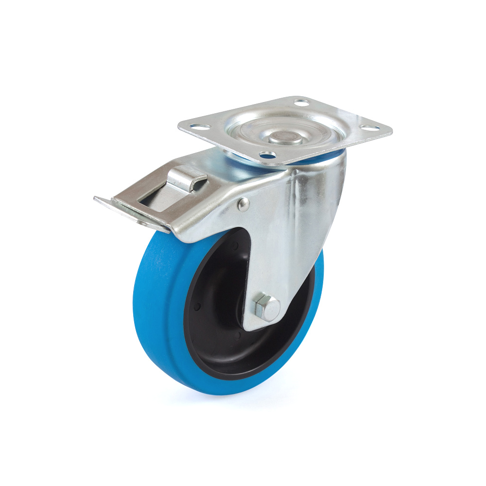 Satz Blue Wheels 125 mm Anschraubplatte Lenkrollen mit Bremse und Bockrollen 